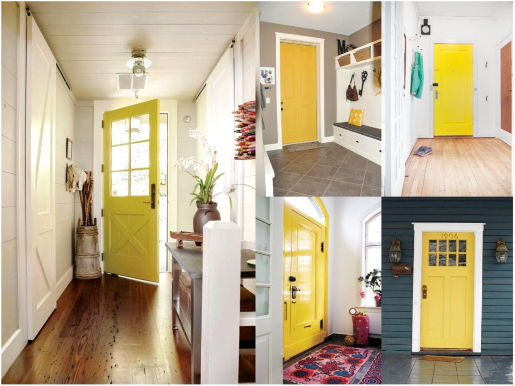 Puerta de entrada de madera pintada de color amarillo vivo